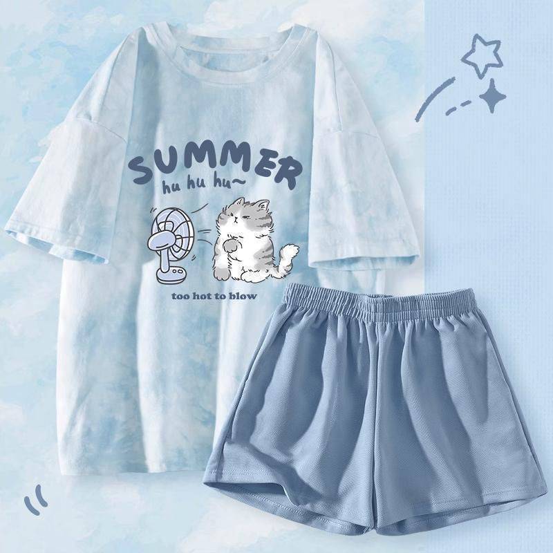 Summer New Tie-Dye Short-Sleeved Pajamas for Women, Thin Cartoon Sweet Two-Piece Set, Student Home Clothes That Can Be Worn Outside