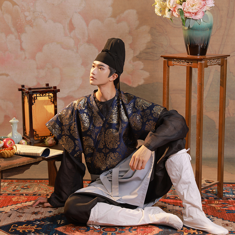 阮欣[ヤン・シュン]華清地織り金襴丸雁蕩模様復元風のさわやかなインナーウェア紳士服漢服唐半袖