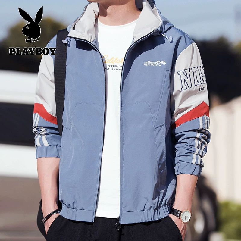 Playboy tooling jacket trai xuân tương phản áo khoác trùm đầu xu hướng phong cách Hàn Quốc sinh viên trẻ tuổi cởi quần áo nam - Áo khoác