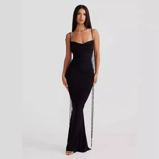 European and American 2025 Amazon Ins Style Ruched Sexy Backless Spaghetti Strap Bodycon Long Solid Color Dress