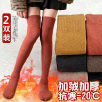 Pair of socks with small leather shoes in winter with long warm socks feet chill wool warm feet socks Winter to warm up