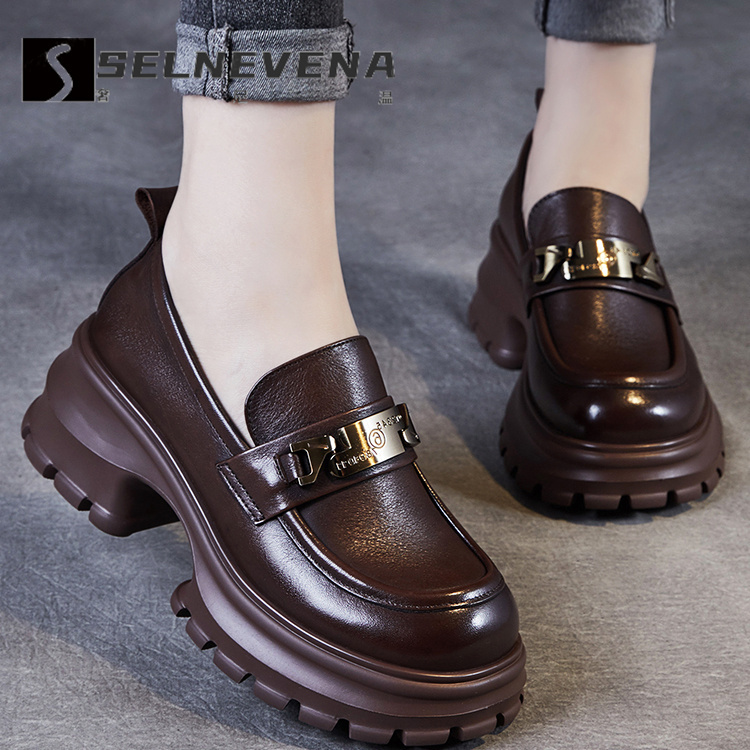 Selnevena Slip-On Loafers, Thick-Soled Shoes, Height-Increasing Genuine Leather Women's Shoes, Retro Women's Small Leather Shoes