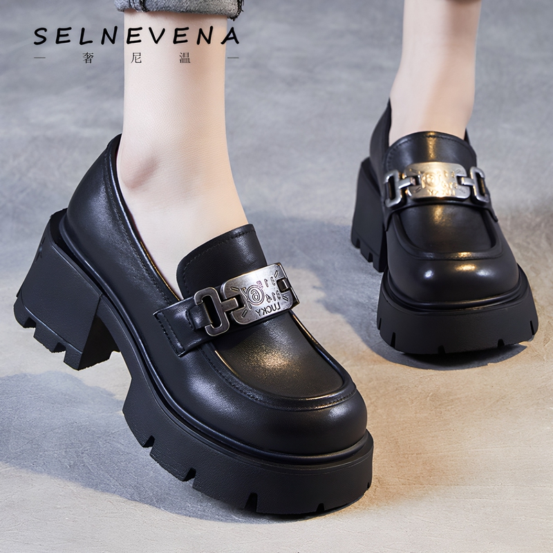 Selnevena Leather Loafers New Style Single Shoes Thick-Soled British Women's Shoes High-Heeled Metal Buckle Small Leather Shoes