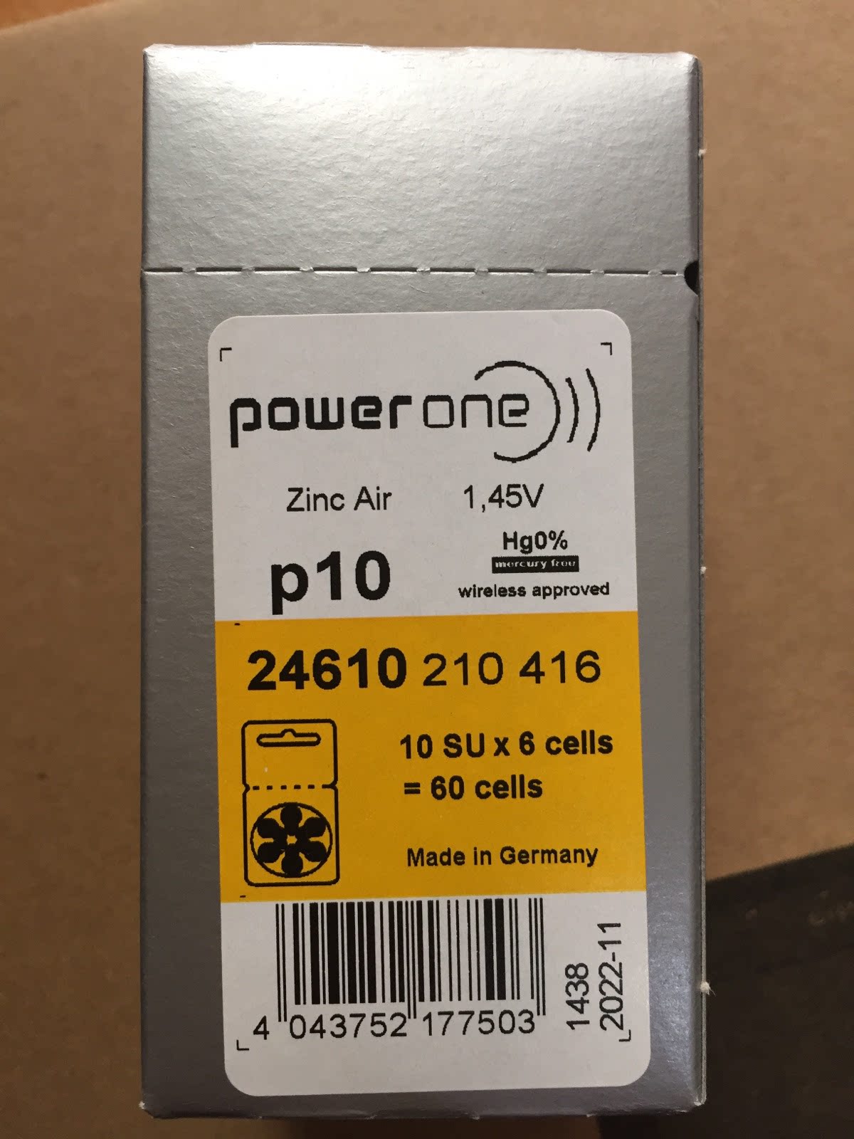 German original imported powerone hearing aid battery P10 P13 P312 P675 whole box of 60 capsules