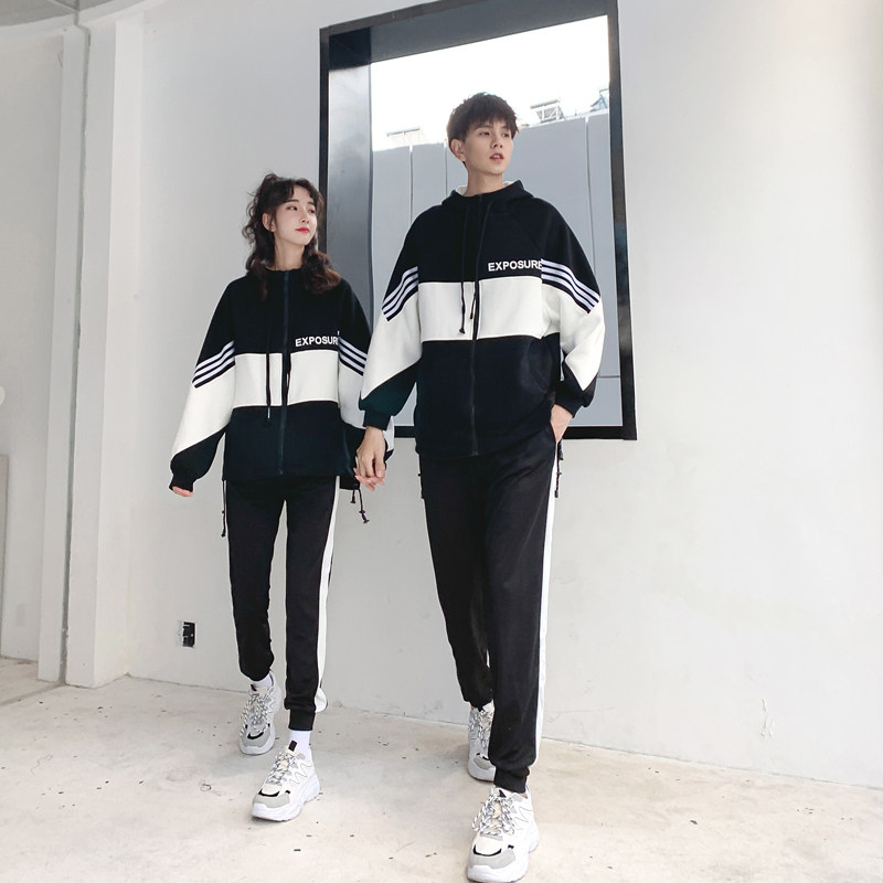 情侣装秋装外套连帽撞色韩版宽松ins同色系休闲学生班服运动套装