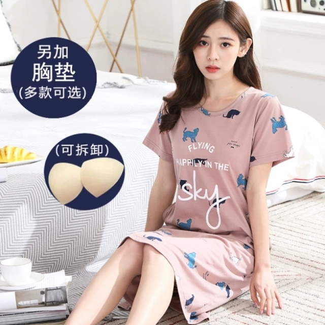 Bộ đồ ngủ nữ trắng tím, váy ngủ nữ cotton mùa hè có đệm ngực. Nhỏ màu hồng đỏ mới dài giữa - Đêm đầm