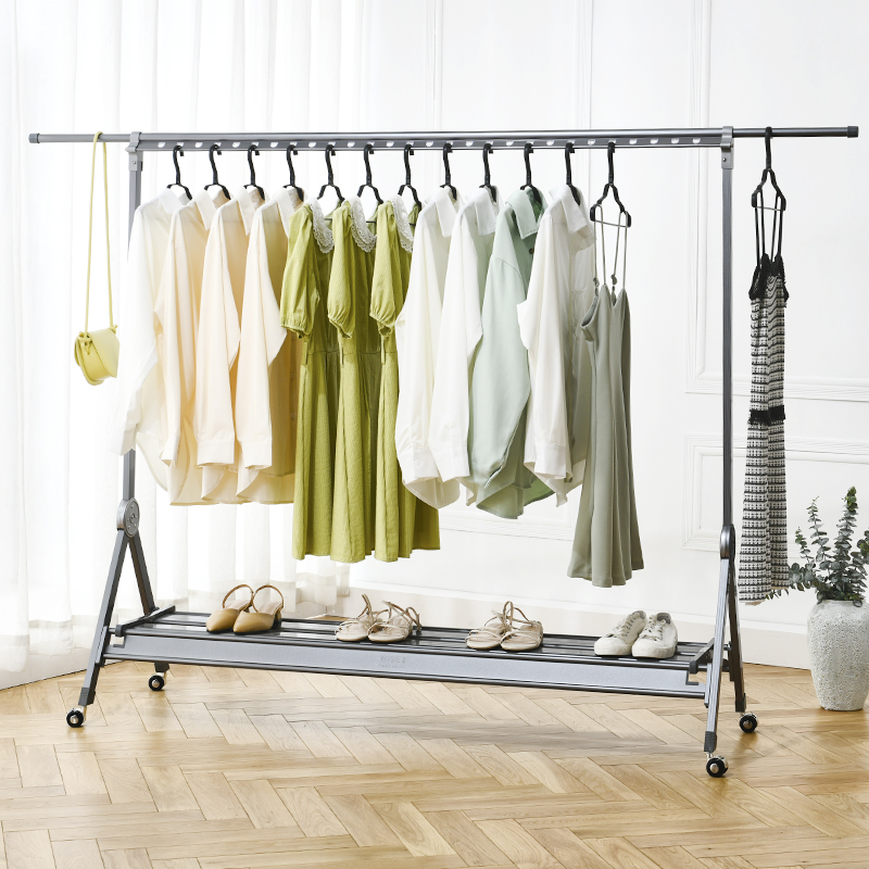 Small family style clothes hanger floor folding indoor single pole style simple home bedroom sundry clothes hanger mobile clothes hat rack
