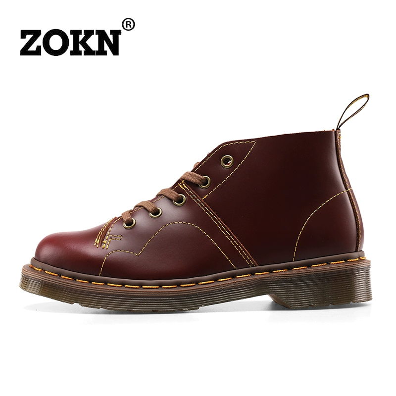 zokn5 lỗ khỉ giày Martin boots nữ màu đỏ trà lõi da phong cách Anh cặp đôi retro thấp cắt ngắn mặt giày nam - Kính râm