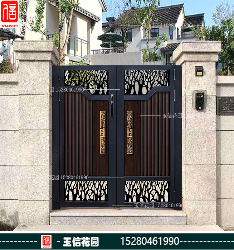 New Chinese imitation wood grain rugged aluminum alloy patio door garden door courtyard door Villa Gate Electric Double Door