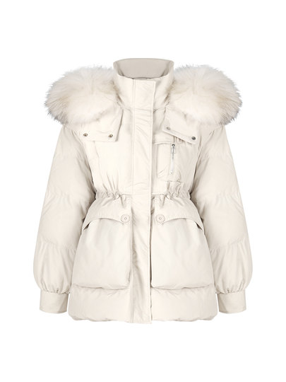 Off-white fur collar hooded down jacket women's winter new thickened warm design mid-length zipper jacket
