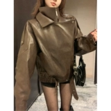 Черная полиуретановая весенняя куртка, в американском стиле, изысканный стиль, свободный крой