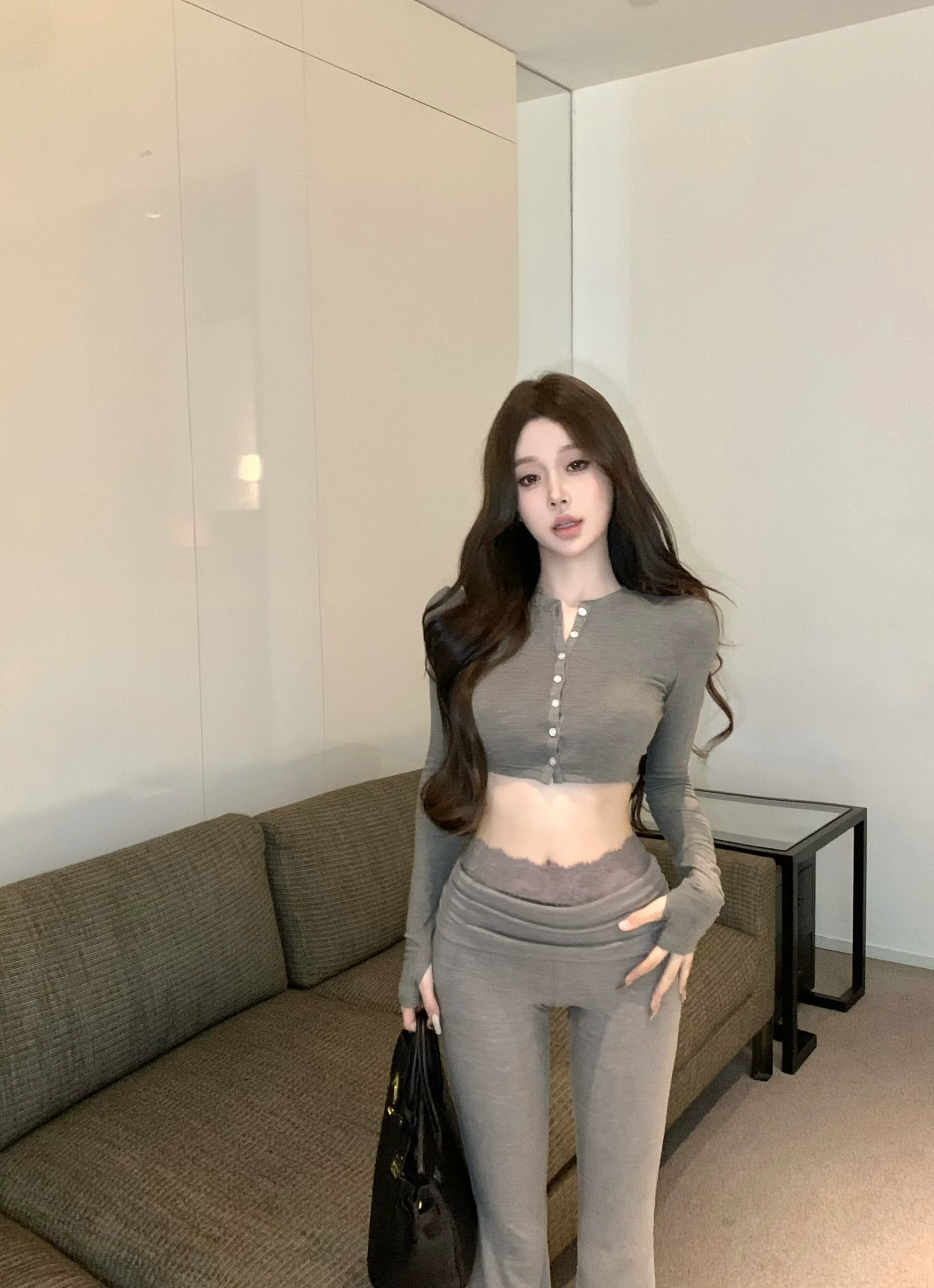 Сексуальный комплект, короткий длинный рукав, мегапон, брюки, slim fit, высокая талия