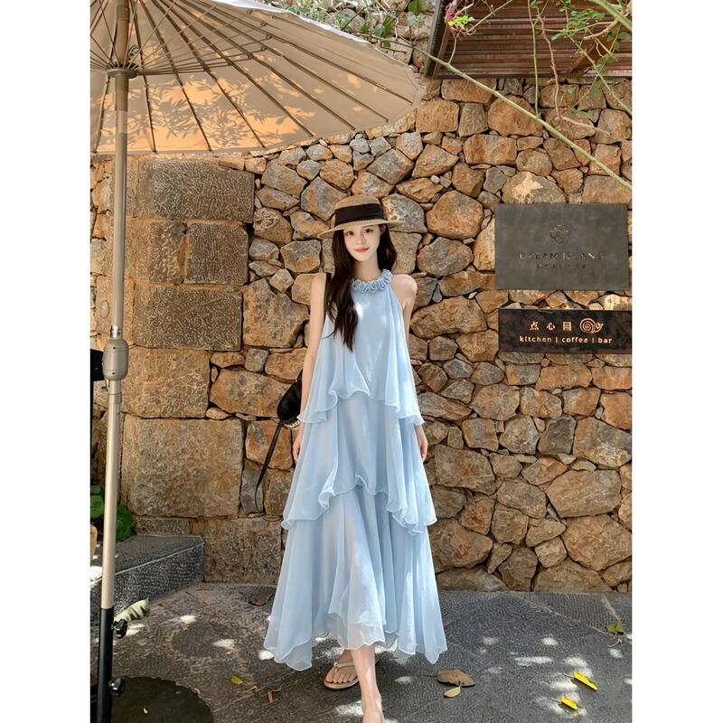 French-Style Blue Sleeveless Halter Neck Dress for Women, Summer Elegant Loose Cake Dress, Stylish Vacation Long Dress