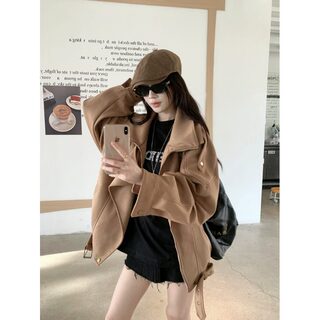 Khaki Retro Long-Sleeved Suede Jacket for Women, Autumn and Winter American Motorcycle Jacket, Loose-Fitting Elegant Jacket, Cardigan Top