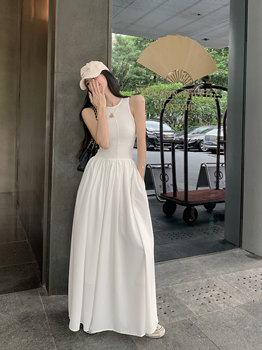 White stitching vest dress fairy summer cold wind sleeveless high-end waist a-line mid-length skirt