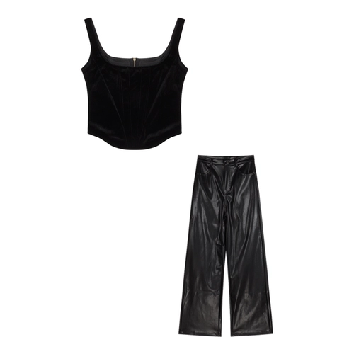 Черные полиуретановые осенние штаны, леггинсы, высокая талия, свободный прямой крой, в американском стиле