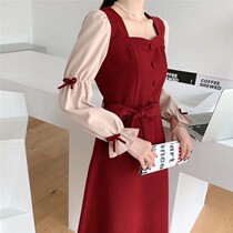 Winter Liandress style Balloon Flower Style with warm and thin temperament Gentle Fairy with a small red dress in the middle of the knee