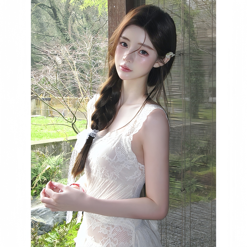 French-Style White Patchwork Backless Lace-Up Sexy Dress for Women, Mid-Length, Slim Fit, Waist-Cinching, Summer