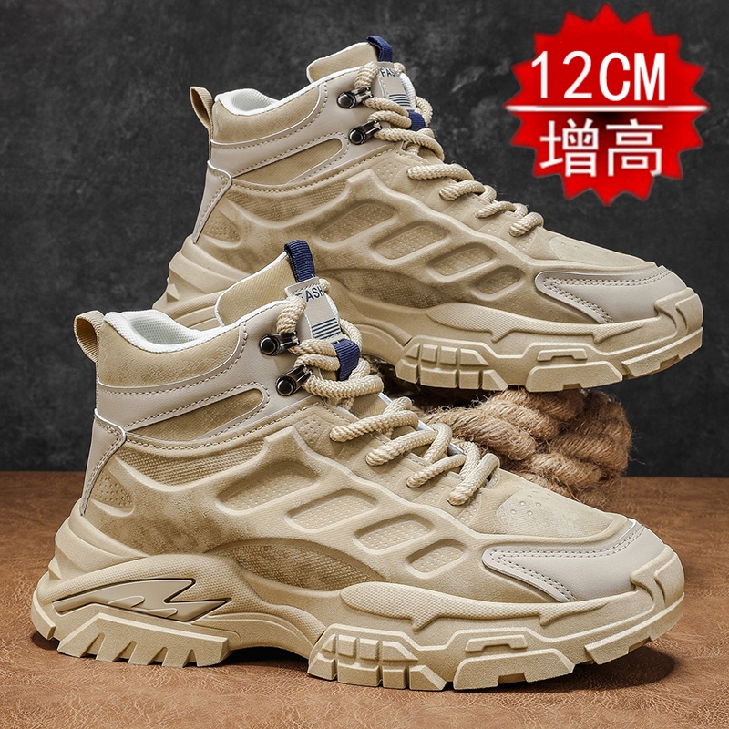 Spring New Cycling Shoes with Hidden 12cm Height Increase for Men, High-Top Motorcycle Boots, Thick-Soled Martin Boots