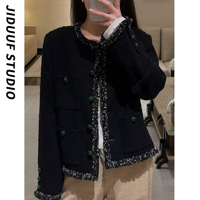 Emerald Green Button~ Black French-Style Tweed Jacket for Women, High-End Socialite Woven Ribbon Round-Neck Top