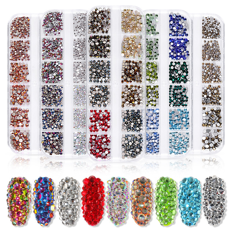 12-Compartment High-Quality Silver Flat-Back Rhinestones for Nail Art, Iridescent Ab Water Rhinestones, Shiny Glass Rhinestones, Long Strip Box Set 1440