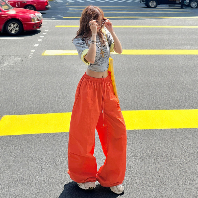 Orange-Red Wide-Leg Cargo Casual Pants for Women, 2026 Spring/Summer New Style, Loose Straight-Leg, Thin Orange Quick-Dry Sports Pants