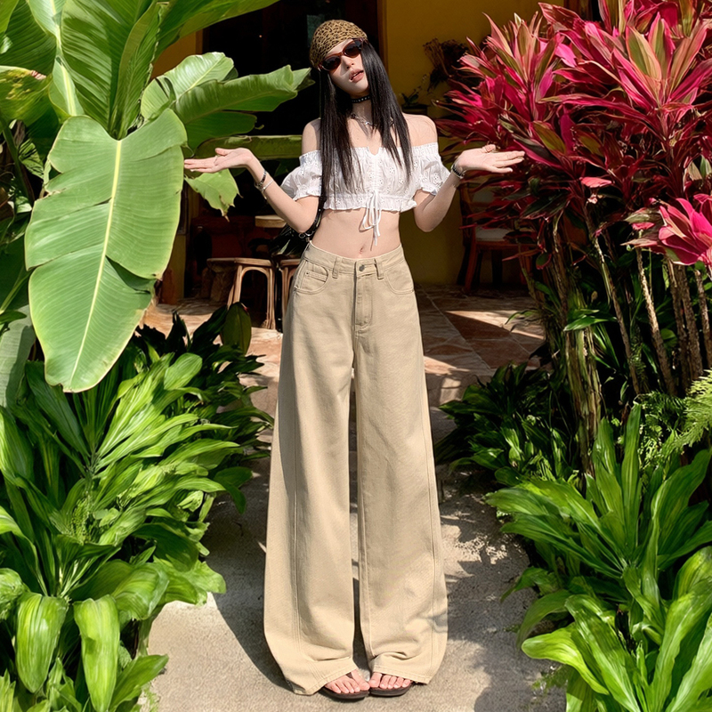 Spring and Summer Thin Milk Tea Khaki Light Apricot Straight-Leg Jeans for Women 2026 New High-Waisted Wide-Leg Casual Pants