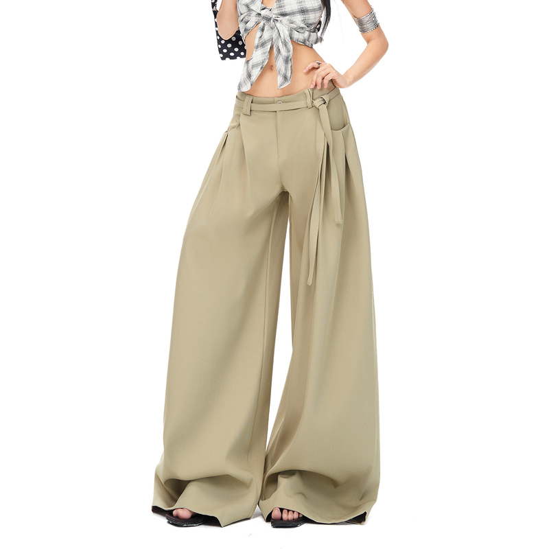 Light Almond Color Khaki Drawstring Casual Wide-Leg Pants for Women, Spring and Summer, with Pockets, Pleated Design, and Drapey Feel