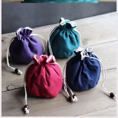 Double-layer cotton linen jewelry fabric bag drawstring round bottom small cloth bag travel tea set tea cup teapot storage bag