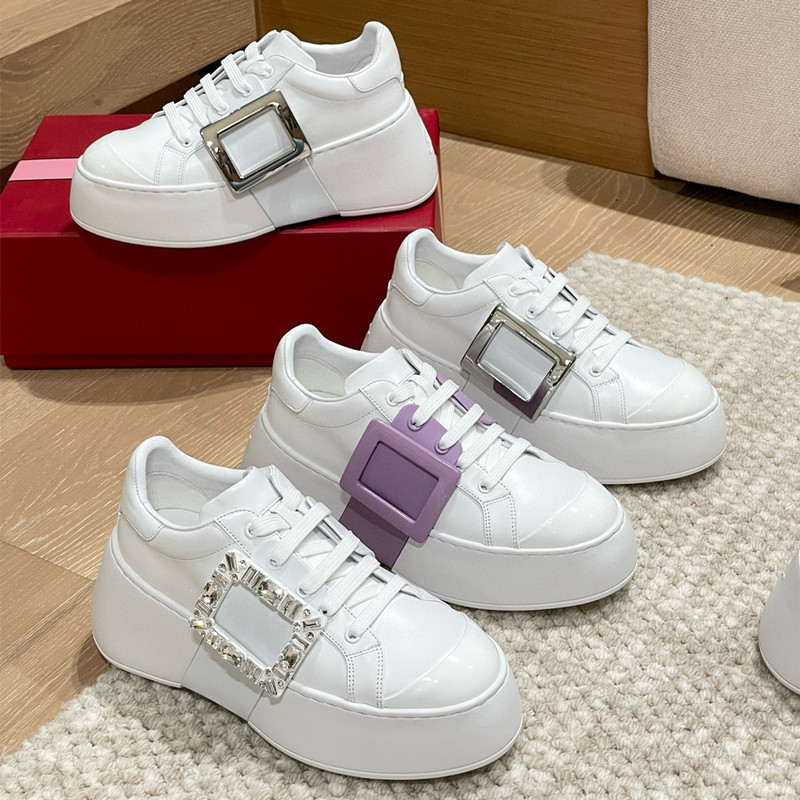 Top Version Korean Style 2026 Spring New Genuine Leather Thick-Soled Square Buckle White Shoes for Women, Height-Increasing Versatile Platform Sports Casual Shoes
