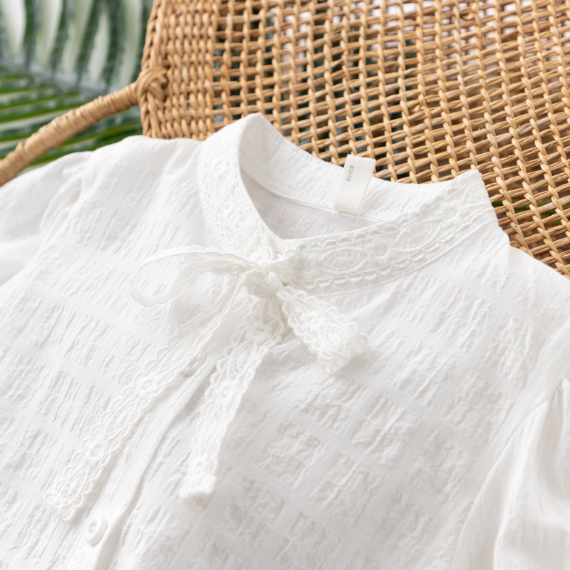 Elfairy children's shirt white lace-up shirt children's spring and autumn top solid color stand-up collar baby autumn clothes