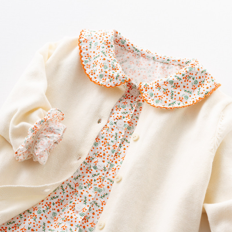 Elfairy girl shirt knit cardiovert suit baby sweater with small crushed floral blouse baby shirt two-piece set
