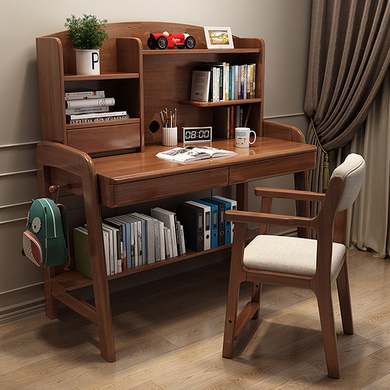 European-style solid wood desk with bookshelf combination set simple home primary and secondary school students learning desk can be raised and lowered writing desk