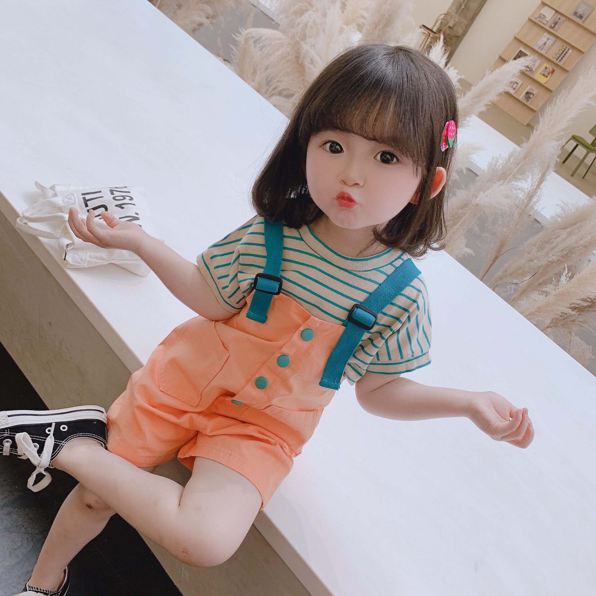 Girls Strappy Pants Set 2021 Summer New Baby Girls Children Short Sleeves Net Red Two-Piece Summer Suit Little Girl