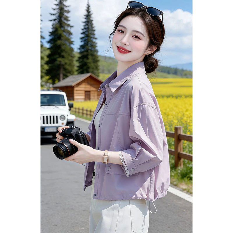 Casual Style Lapel Short Jacket for Women 2026 Spring New Purple Age-Reducing Commuter Style Loose Long-Sleeved Top