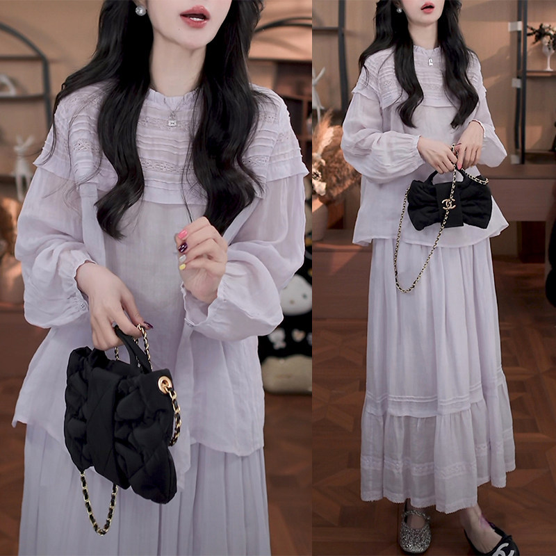 Taro Purple Gentle Korean Style Two-Piece Set for Women 2026 Spring and Summer, Fresh and Complexion-Enhancing Top and Skirt Set, Niche Style