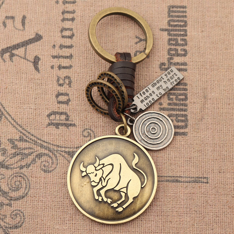 Fashionable European and American Keychain Ring 12 Zodiac Signs Retro Taurus Versatile Car Bag Pendant Accessories for Men and Women