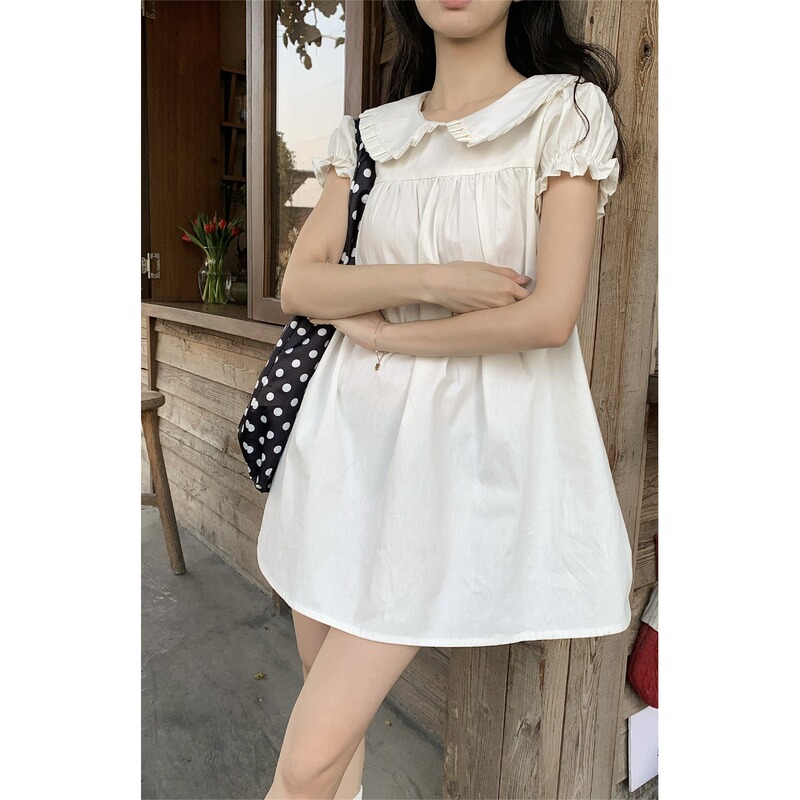 Black Cheese Black~ Korean Style First Love Little White Dress with Doll Collar and Puff Sleeves