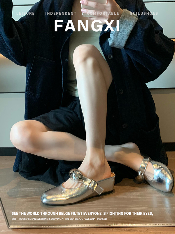 Lambskin! Slippers Suitable for Work, Women's High-End Style, Can Be Paired with Skirts, Silver Thick-Soled Closed-Toe Half-Mules