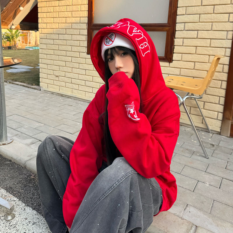 Xiyin Chinese Style Street Letter Print Fleece-Lined Hoodie for Men and Women, New Autumn and Winter Versatile Couple Hoodie