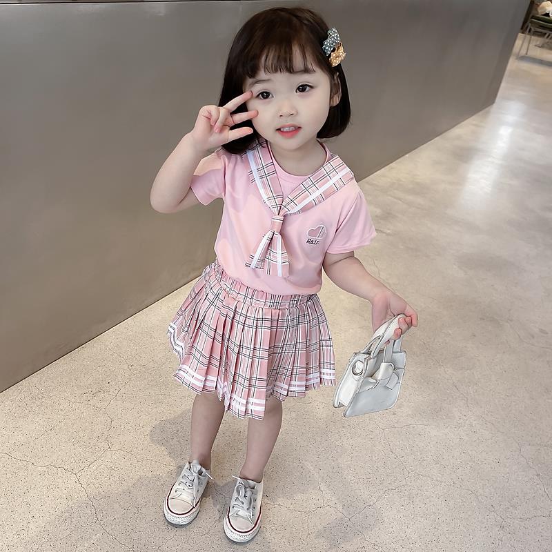 South Korean girls' summer clothing suit academy wind 2021 new foreign women's baby tennis red summer two sets of children's suit