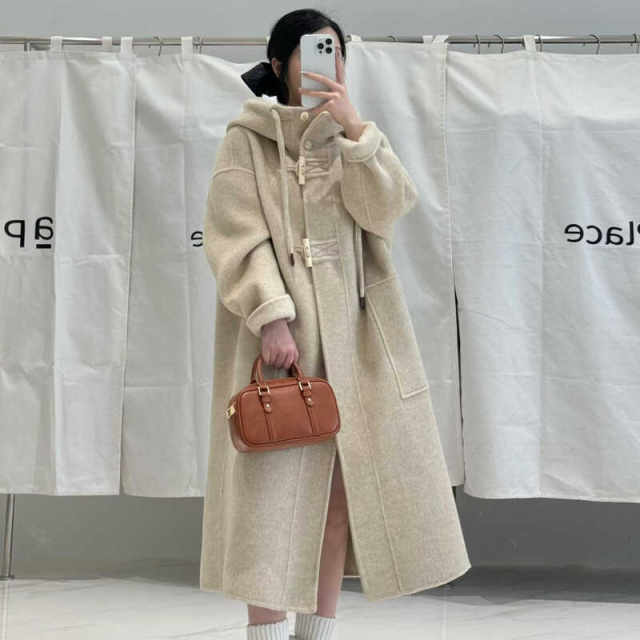 Hooded long double-sided cashmere coat Korean version