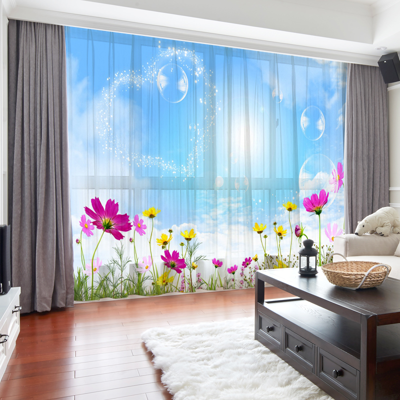 Sky Blue Curtains, Simple Modern Fresh Style Sheer Curtains, Blue Sky and White Clouds, Floral Landscape Painting Window Screen, Bedroom Bay Window Curtains