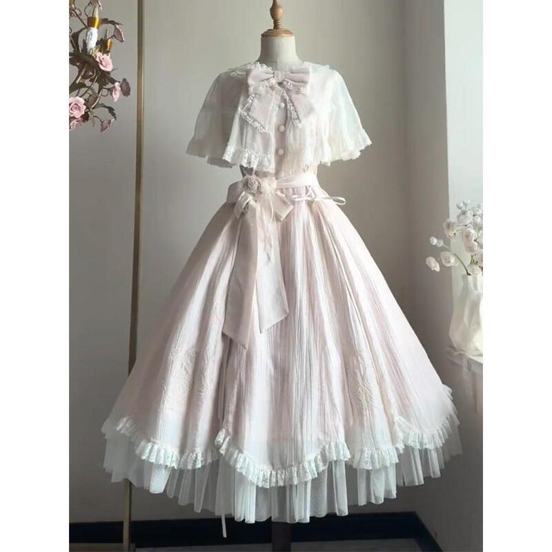 Sweet and Elegant Lolita Bow Dress, New Summer Pink Waist-Cinching Lolita Mid-Length Dress for Petite Figures Sweet and Elegant Lolita Bow Dress, New Summer Pink Waist-Cinching Lolita Mid-Length Dress for Petite Figures