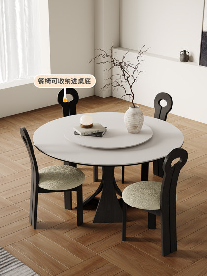 纯白岩板餐桌法式复古进口轻奢现代1.2米圆桌意式6人圆形实木餐桌