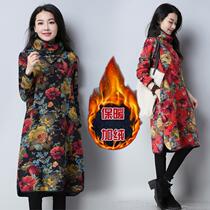 Plus velvet padded cotton linen high neck dress female winter ethnic style large print bottoming mother dress Medium-length dress