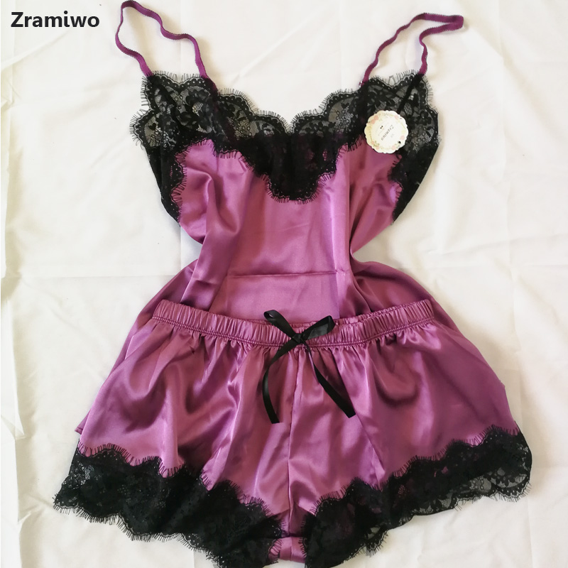 Womens sleepwear sexy satin pajama set black Lace VNeck