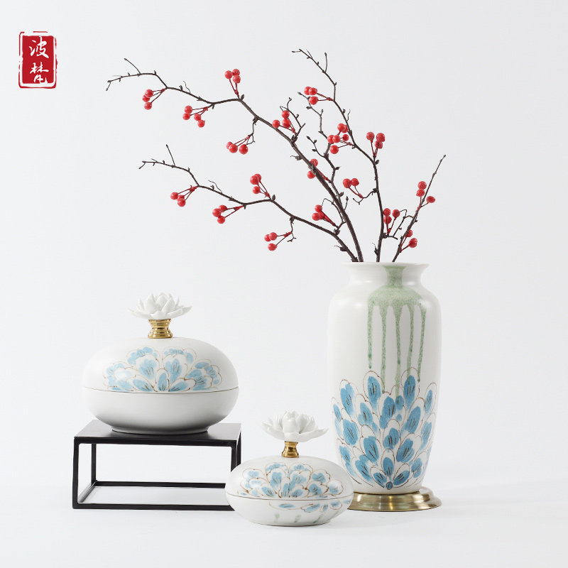 New Chinese Living Room Zen Ceramics Swing Accessories Sample House Display Center Hotel Villa-style board room Soft Flower Vase Furnishing