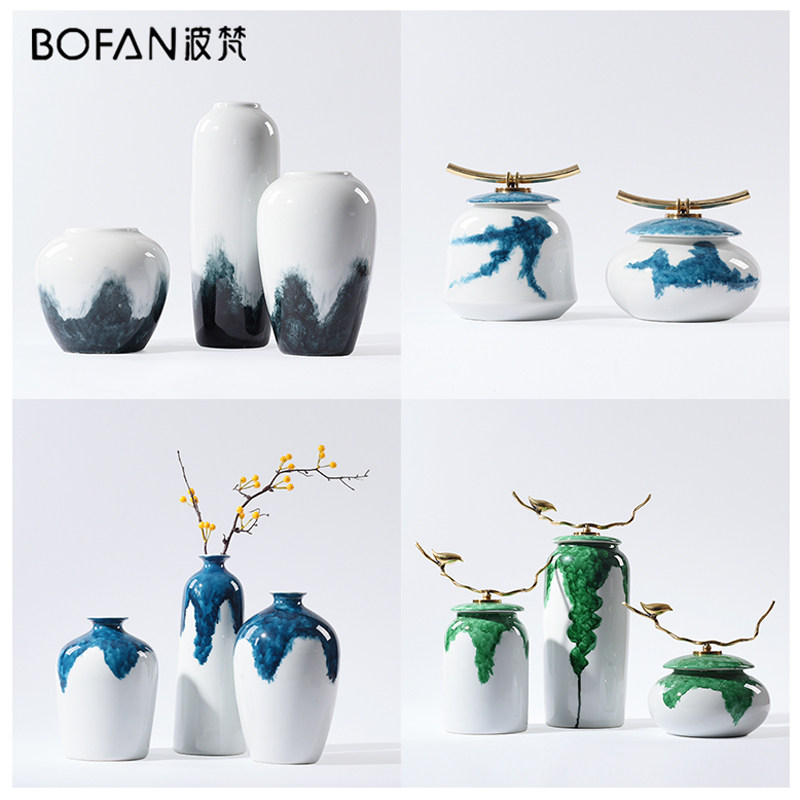 New Chinese Living Room Pendulum piece Villa Like room Soft Water Ink Dyeing Ceramic Vase Genguan TV Cabinet Decoration Furnishing