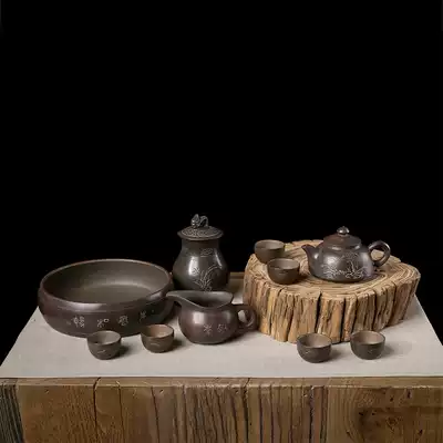 Guangxi characteristic gift Qinzhou Nixing pottery pure handmade Chinese carved Zen Master 10 sets of teapot gift box